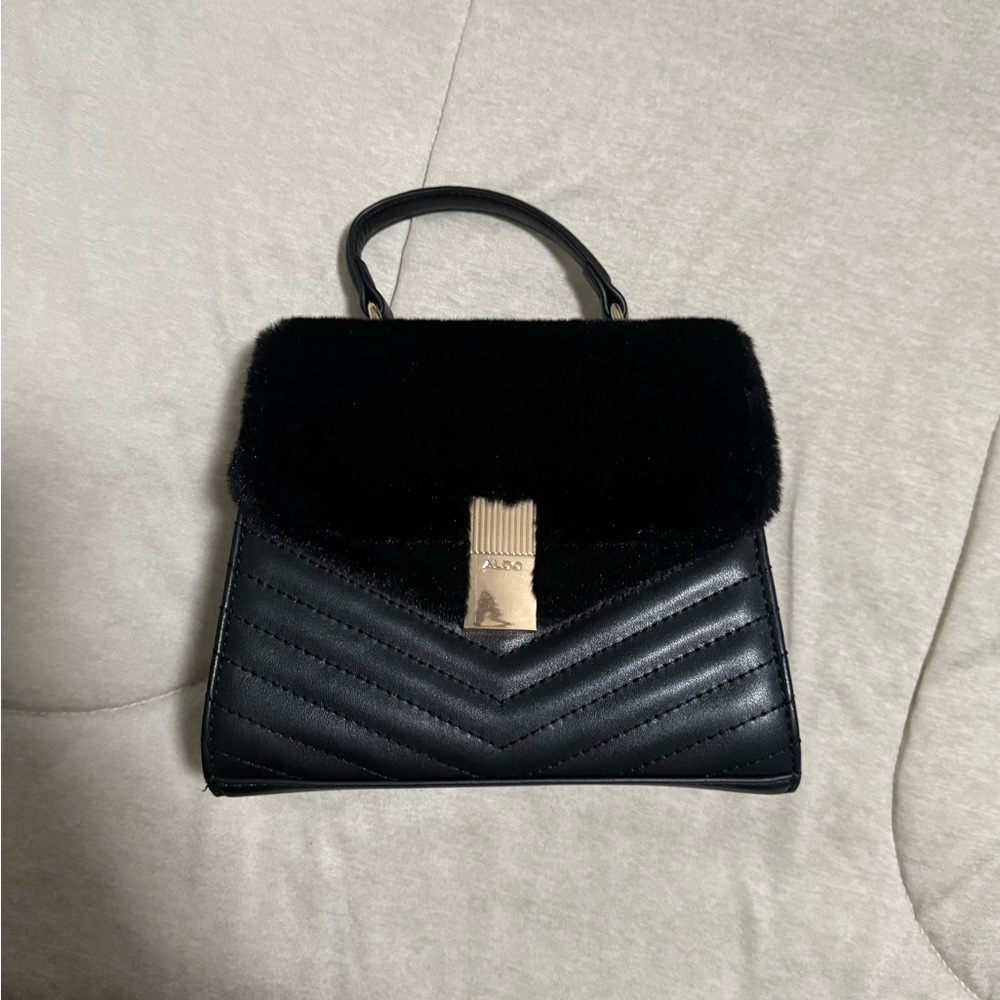 Aldo Black and Gold Mini Bag with Fur Accent
